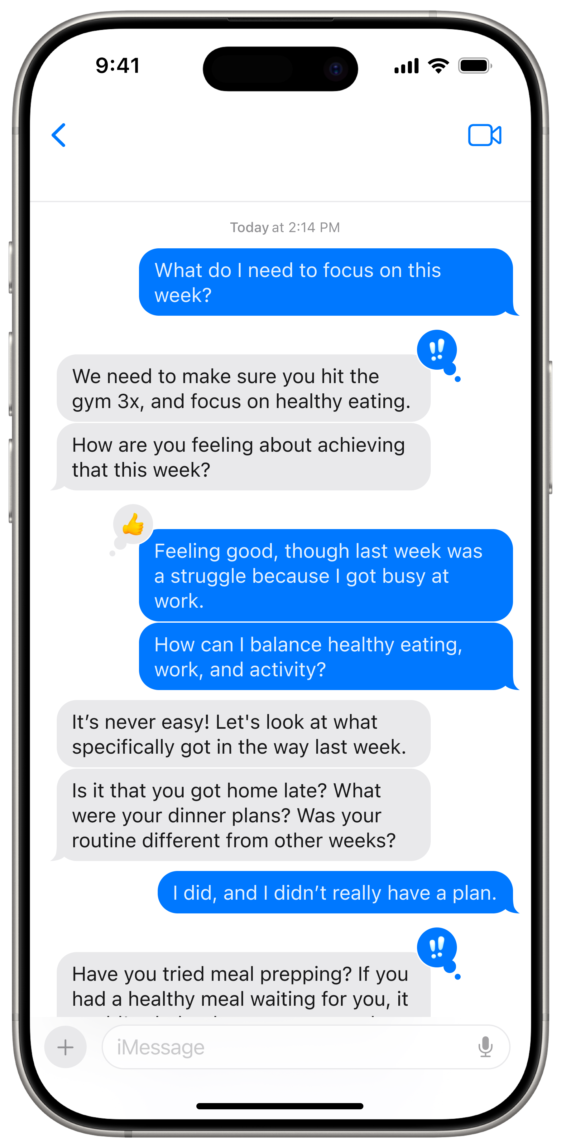 iPhone showing a text conversation with Nudge AI coach discussing weekly fitness goals, gym schedule, and meal prepping tips